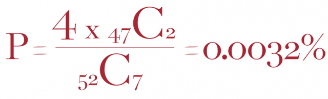 H εξίσωση που υπολογίζει την πιθανότητα για φλος ρουαγιάλ (2 φύλλα στο χέρι και 3 από τα 5 κοινά στο τραπέζι)