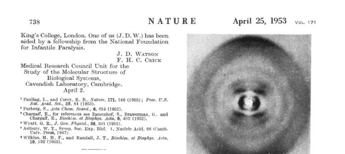 Η ιστορική δημοσίευση για την ανακάλυψη της διπλής έλικας του DNA στο Nature στις 25 (και όχι στις 15 όπως αναφέρεται στο κείμενο) Απριλίου 1953. Συγγραφείς ήταν οι J.D. Watson και F.H.C. Crick (Ο Crick ήταν Φυσικός ...)