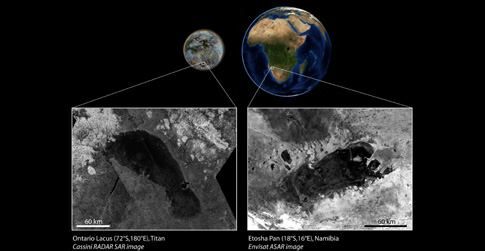 Σύγκριση της λίμνης Ontario Lacus του Τιτάνα με την εφήμερη λίμνη Ετόσα Παν της Ναμίμπια σε εικόνες ραντάρ (Πηγή: NASA / ESA / LPGNantes)