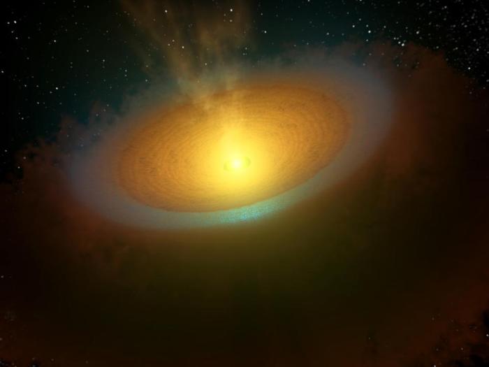 This artist's concept illustrates the planet-forming disk around TW Hydrae, located about 175 light-years away in the Hydra