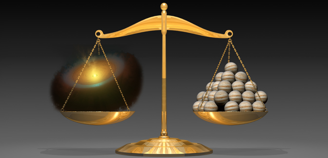 Kαλλιτεχνική απεικόνιση που  δείχνει έναν πλανητικό δίσκο (αριστερά) που ζυγίζει όσο 50 πλανήτες σαν τον Δία