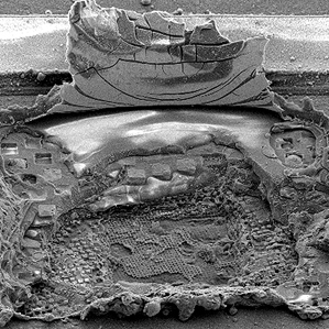 Eικόνα σάρωσης ηλεκτρονικού μικροσκοπίου δείχνουν ζημιά που προκλήθηκε σε ένα κύκλωμα από ένα λέιζερ.