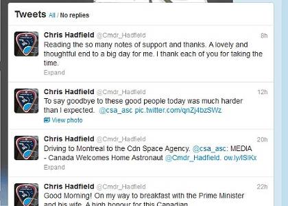 Στις 4 Ιουλίου του 2013 ο Hadfield θα αποχαιρετήσει και οριστικά το CSA για να αναλάβει καινούριες προκλήσεις, όπως είπε χαρακτηριστικά ο ίδιος.