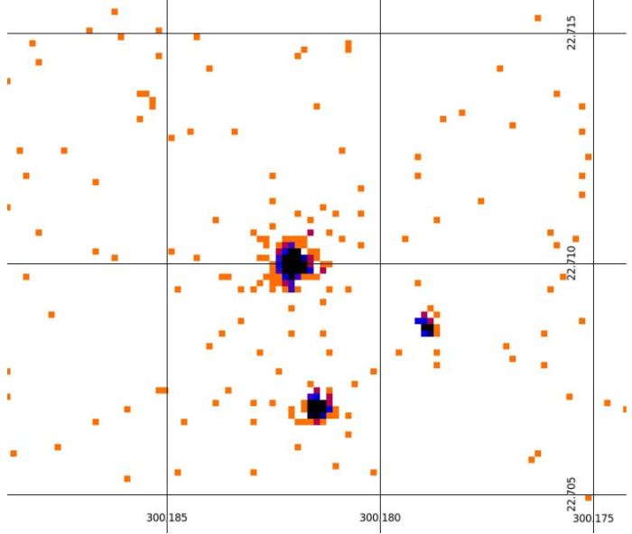 Εικόνα ακτίνων X του συστήματος ΗD 189733. Το άστρο  ΗD 189733(πάνω αριστερά), ο εξωπλανήτης HD 189733B (δεξιά) και ένα αντικείμενο στο υπόβαθορ (κάτω)