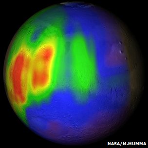 Οι παρατηρήσεις με τηλεσκόπια στο παρελθόν έδειχναν μεγαλύτερη συγκέντρωση μεθανίου στην ατμόσφαιρα του Άρη (κόκκινο  χρώμα = περιεκτικότητα 10ppbv ή 10 μέρη μεθανίου στο δισεκατομμύριο στον αέρα του Άρη) 