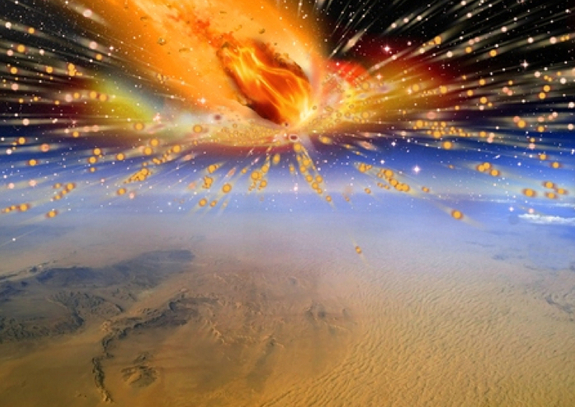 An artist’s rendition of the comet exploding in Earth’s atmosphere above Egypt 28 million years ago. Credit: Terry Bakker