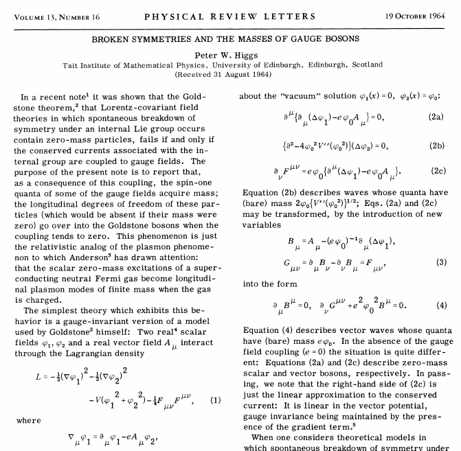 H δημοσίευση του Peter Higgs στο PHYSICAL REVIEW LETTERS 19/10/1964