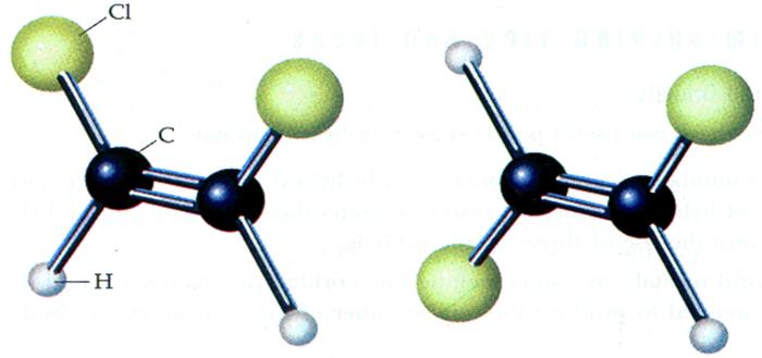 Ένα απλό παράδειγμα γεωμερικών ισομερών cis και trans. Έχουν τον ίδιο μοριακό τύπο αλλά διαφορετική διάταξη των ατόμων στο χώρο. Εξαιτίας του διαφορετικού σχήματος τα ισομερή έχουν και διαφορετικές ιδιότητες. 
