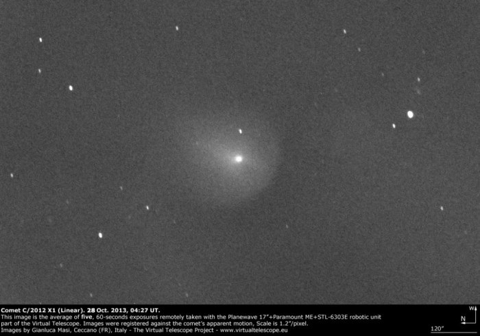 28 Οκτωβρίου 2013: ο κομήτης C/2012 X1 Linear (http://www.virtualtelescope.eu/2013/10/28/comet-c2012-x1-linear-outburst-a-new-image-28-oct-2013/)