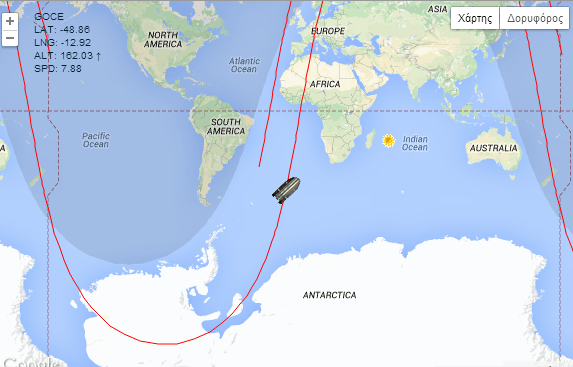 H θέση του δορυφόρου GOCE, όσο βρίσκεται σε τροχιά γύρω από τη Γη φαίνεται ΕΔΩ: http://www.esa.int/Our_Activities/Observing_the_Earth/GOCE/Track_GOCE