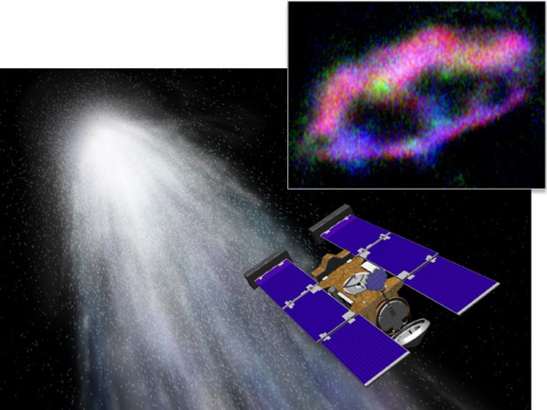 (Πάνω δεξιά) Ένας από τους πολύτιμου κόκκους. Το κόκκινο αντιστοιχεί σε αλουμίνιο, το πράσινο σε σίδηρο και το μπλε σε μαγνήσιο