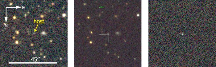 Εικόνες που δείχνουν την περιοχή του σουπερνόβα  DES13S2cmm πριν (αριστερά) και μετά (κέντρο)  την έκρηξη. Δεξιά είναι η αφαίρεση των δυο εικόνων που αναδιεκνύει το νέο αντικείμενο στο κέντρο -- 