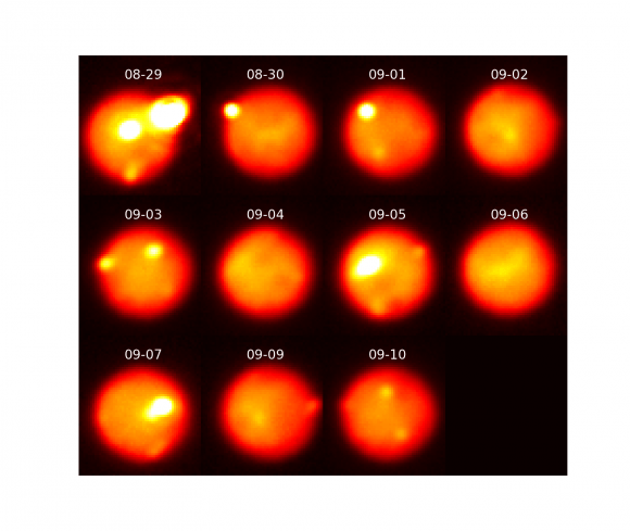 mages of Io tracking the evolution of the eruption as it decreased in intensity over 12 days. Due to Io’s rapid rotation, a different area of the surface is viewed on each night; the outburst is visible with diminishing brightness on August 29 & 30 and September 1, 3, & 10. Image credit: Katherine de Kleer / UC Berkeley / Gemini Observatory / AURA