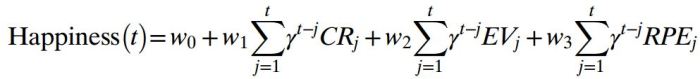 Το μέγεθος της ευτυχίας υπολογίζεται συναρτήσει των μεγεθών CRs (Certain Rewards) , ΕVs (Expected Values) και PREs (Reward Prediction Errors) http://www.pnas.org/content/suppl/2014/07/31/1407535111.DCSupplemental/pnas.201407535SI.pdf#nameddest=STXT
