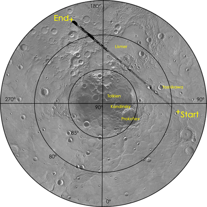 Οι εικόνες του MESSENGER που βλέπουμε στο βίντεο λήφθηκαν κατά τη διαδρομής που βλέπουμε στην εικόνα - πάνω από περιοχή του βόρειου πόλου του Ερμή (Image Credit: NASA)