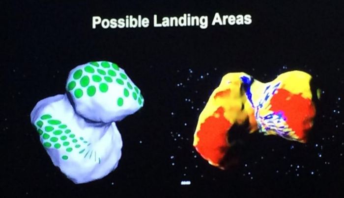 Μια διαφάνεια από την σημερινή παρουσίαση της Ευρωπαϊκής Υπηρεσίας Διαστήματος (ESA) στην οποία με πράσινο χρώμα φαίνονται οι πιθανές θέσεις προσγείωσης του οχήματος Philae