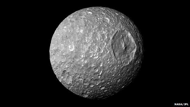 The enormous Herschel Crater makes Mimas look rather like the Death Star space station from Star Wars