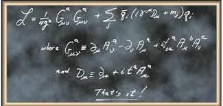 H λαγκρανζιανή $\mathcal{L}$ της QCD περιγράφει την ισχυρή αλληλεπίδραση. Τα mj και qj είναι η μάζα και το κβαντικό πεδίο του κουάρκ με γεύση j, Α είναι το πεδίο του γλοιονίου, με χωροχρονικούς δείκτες μ, ν και δείκτες χρώματος α, b, c. Οι τιμές των αριθμητικών συντελεστών f και t προσδιορίζονται πλήρως από την συμμετρία χρώματος. Εκτός από τις μάζες των κουάρκ, η σταθερά σύζευξης g αποτελεί την μόνη ελεύθερη παράμετρο της θεωρίας. (πηγή: http://books.google.gr/books?id=iWhxK12fbA4C&pg=PA62&lpg=PA62&dq=unworldliness+feynman&source=bl&ots=WQroT-nN7e&sig=xnYG95H2SL-x1ujD4zsJKthr_-Y&hl=el&sa=X&ei=MSpfVLGON4L0ao_4grgJ&ved=0CFoQ6AEwBg#v=onepage&q=unworldliness%20feynman&f=false)