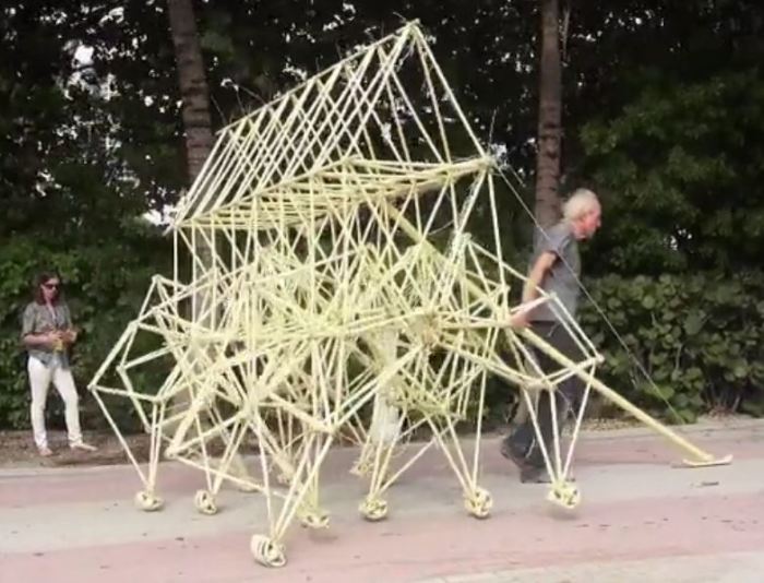 Ο Theo Jansen μεταφέρει ένα από τα δημιουργήματά του κατά την προετοιμασία της υπαίθριας έκθεσης στο Miami Beach