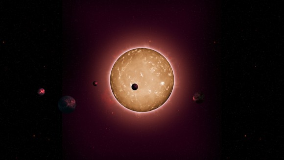 An artist rendition of Kepler-444 planetary system, which hosts five planets, all smaller than Earth. Credit: Tiago Campante, University of Birmingham, UK.