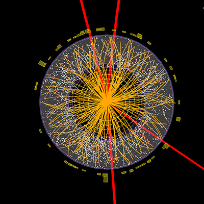 A Higgs particle has been created in an LHC detector and has then disintegrated into four muons (the four red lines). According to Christoffer Petersson’s model the Higgs particle can also disintegrate into a photon and particles of dark matter