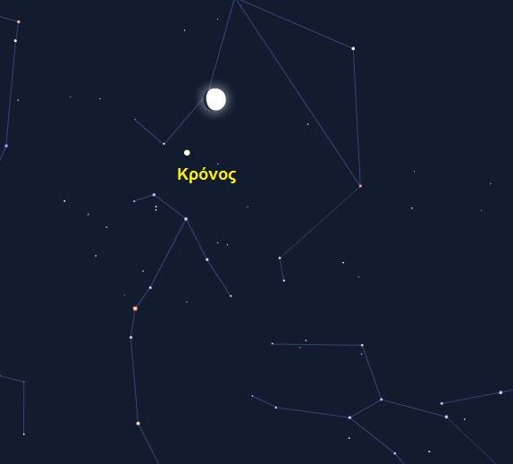  28-6-2015, ώρα 10:15 O πλανήτης Kρόνος κοντά στη Σελήνη 