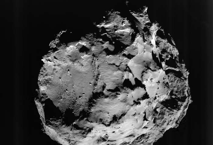 Comet 67P/Churyumov-Gerasimenko, in a pictures taken during Philae’s descent by the ROLIS instrument on board the lander. This view is of the surface from approximately 3 km away. Photograph: ESA