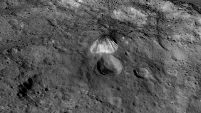 Among the highest features seen on Ceres so far is a mountain about 4 miles (6 kilometers) high