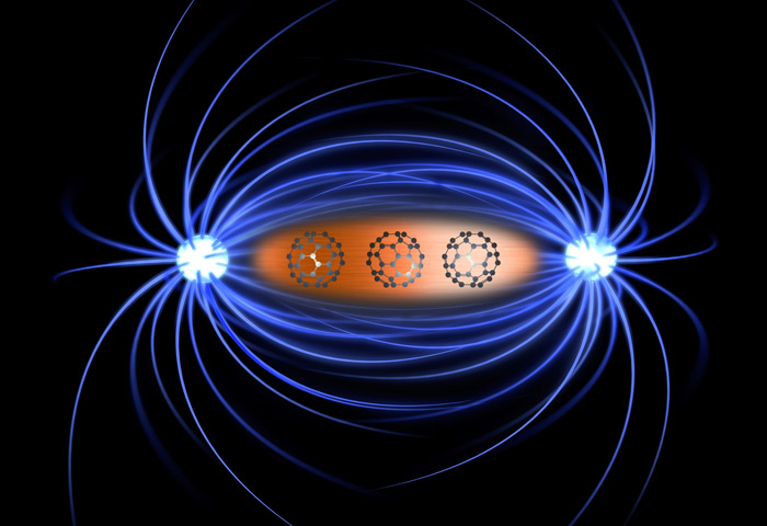 Artist's conception of how the presence of buckminsterfullerene molecules will make the surface of copper ferromagnetic. (Courtesy: University of Leeds/iStockphoto)