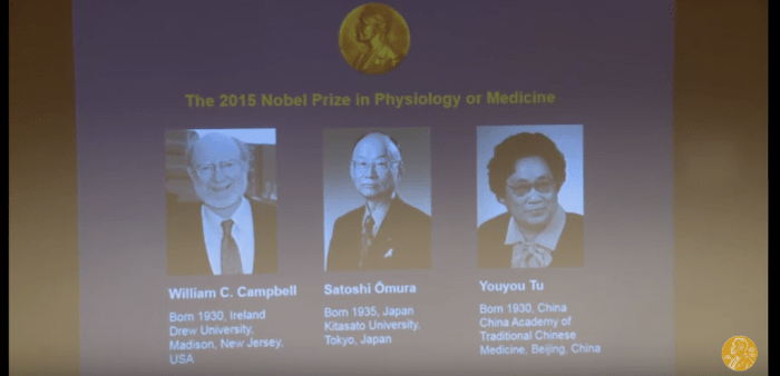 Οι βραβευθέντες με το Νόμπελ Ιατρικής-Φυσιολογίας 2015: William C. Campbell (1/4), Satoshi Ōmura (1/4) και Youyou Tu (1/2)