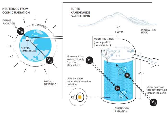Ο Super-Kamiokande ανιχνεύει νετρίνα που δημιουργούνται στην ατμόσφαιρα της Γης. Όταν ένα νετρίνο συγκρούεται με ένα μόριο νερού στην δεξαμενή, παράγεται ένα ηλεκτρικά φορτισμένο σωματίδιο που κινείται πολύ γρήγορα. Αυτό δημιουργεί την ακτινοβολία Cherenkov η οποία καταγράφεται από του αισθητήρες φωτός. Το σχήμα και η ένταση της ακτινοβολίας Cherenkov αποκαλύπτει αφενός μεν το είδος των νετρίνων που την προκάλεσε αλλά και την κατέυθυνση προέλευσής τους. Τα νετρίνα του μιονίου που έφταναν στον SuperKamiokande από πάνω ήταν πολύ περισσότερα από αυτά που εισέρχονταν από το κάτω μέρος, αφού είχαν διασχίσει όλη την υδρόγειο. Αυτό έδειχνε ότι τα νετρίνα του μιονίου τα οποία ταξίδευαν περισσότερο είχαν το χρόνο να αλλάξουν την ταυτότητά τους.