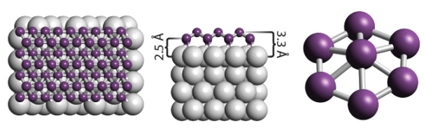 Τα άτομα του βορίου (μωβ) πάνω σε ένα υπόστρωμα αργύρου