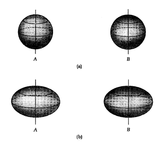 Στο (a) βλέπουμε δυο σφαιρικά αντικείμενα, το Α και το Β. Και τα δυο τείνουν να εξογκωθούν στον ισημερινό, εξαιτίας της παλιρροϊκής δύναμης που ασκεί το ένα στο άλλο. Αν επιπλέον είναι αναγκασμένα να παραμείνουν συμμετρικά γύρω από τον άξονα που διέρχεται από τους πόλους τους, όπως συμβαίνει στο (b), τότε μετατρέπονται σε πεπλατυσμένα σφαιροειδή.