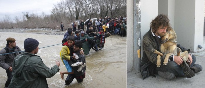 Migrants wade across a river near Greek-Macedonian border west of Idomeni