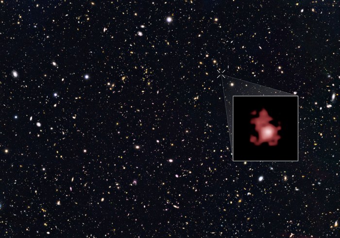 This image shows the position of the most distant galaxy discovered so far within a deep sky Hubble Space Telescope survey called GOODS North (Great Observatories Origins Deep Survey North). The survey field contains tens of thousands of galaxies stretching far back into time. The remote galaxy GN-z11, shown in the inset, existed only 400 million years after the Big Bang, when the Universe was only 3 percent of its current age. It belongs to the first generation of galaxies in the Universe and its discovery provides new insights into the very early Universe. This is the first time that the distance of an object so far away has been measured from its spectrum, which makes the measurement extremely reliable. GN-z11 is actually ablaze with bright, young, blue stars but these look red in this image because its light was stretched to longer, redder, wavelengths by the expansion of the Universe.